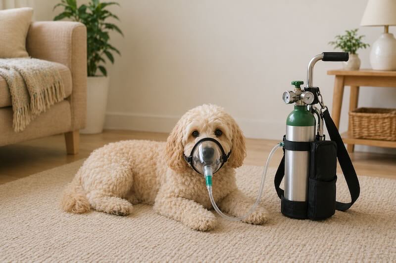 Dog wearing emergency oxygen mask and portable cylinder